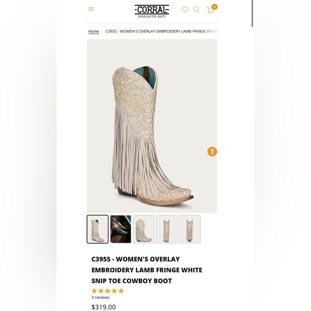 CORRAL handcrafted Fringe Embroidered Western Women’s Boot - Black and Cream 7 - Picture 16 of 16